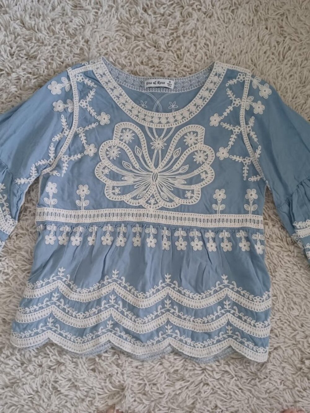 Ana & Rose Boho Embroidered Lace Blouse Blue Bell Sleeve Peasant Top Medium